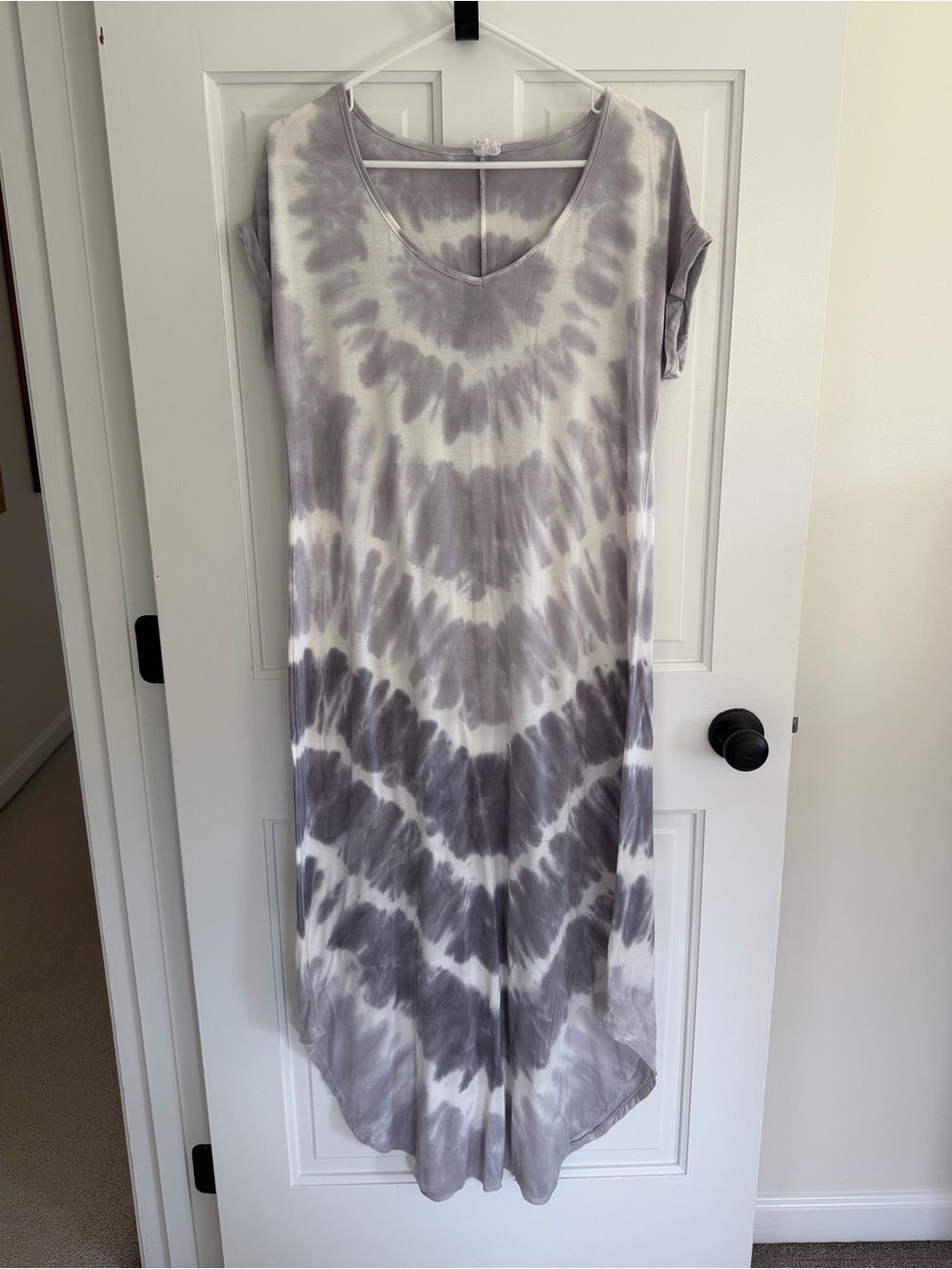 Cable & Gauge Gray White Tie Dye Maxi Dress L Soft Stretch V Neck Casual - Picture 1 of 6